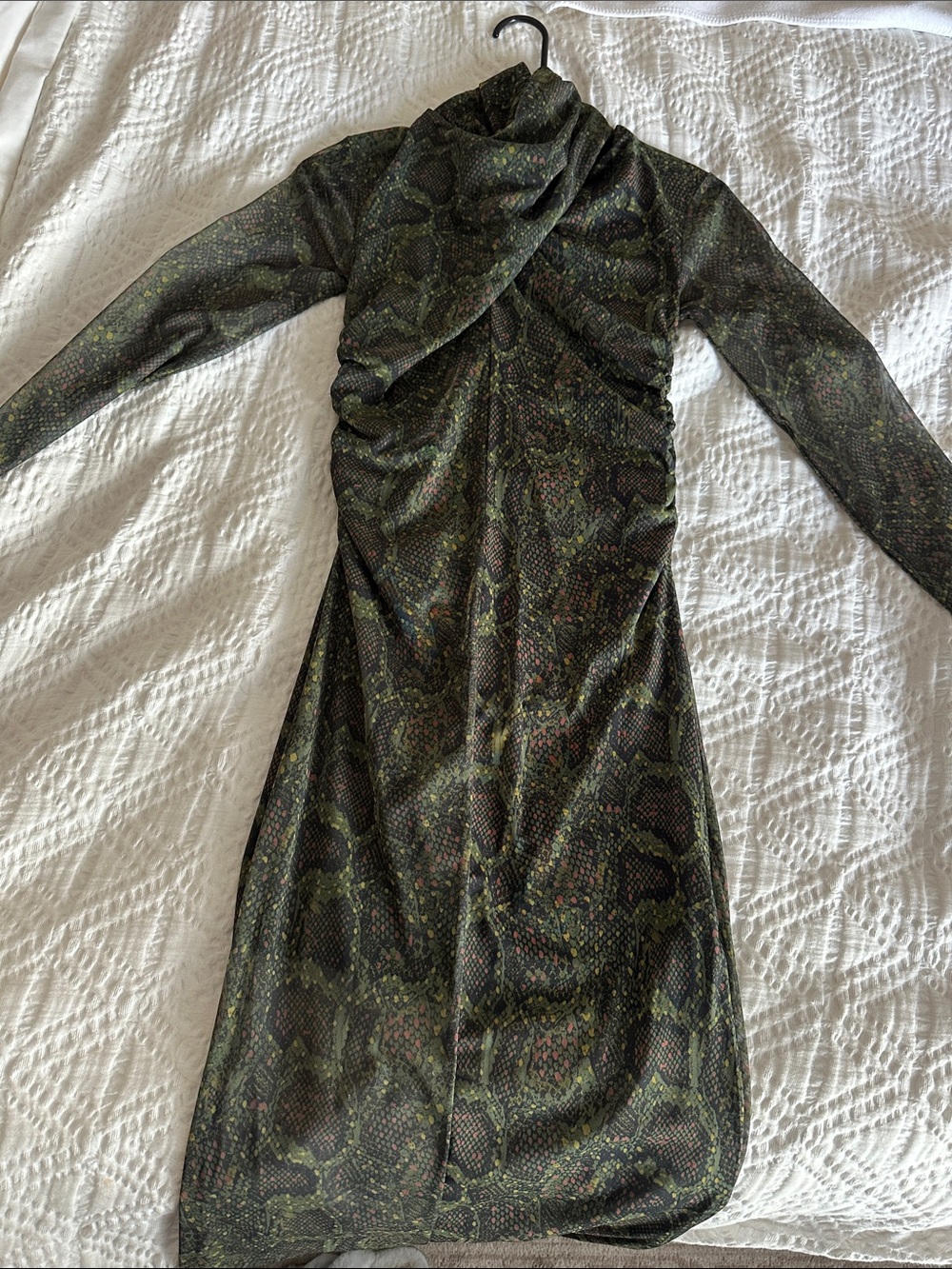 All Saints Olive Green Snake-Print Long Sleeve Midi Dress
